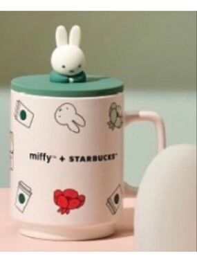 Starbucks Pink Ceramic Mug with Green Lid and White Bunny Topper